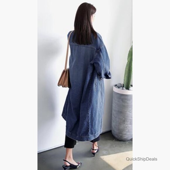 Denim Trench Coat Long Sleeve Button Down Plus Size Loose Fit - Picture 3 of 3